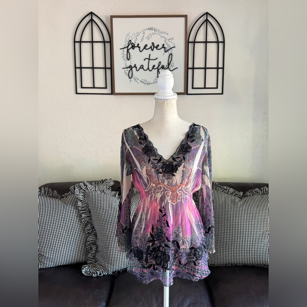 Vintage Y2K Whimsigoth Embroidered Babydoll Top Size M Fairy Colorful Grunge